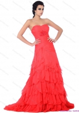 Brush Train Prom Dresses with Ruffled Layers and Beading
