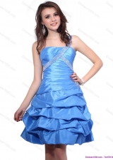 One Shoulder Baby Blue Prom Dresses with Pick Ups and Beading