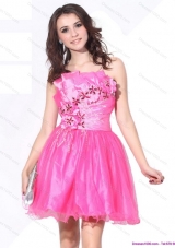 One Shoulder Hot Pink Short Prom Dresses with Ruching and Beading