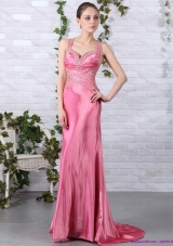Rose Pink Beading Long Prom Dresses with Brush Train