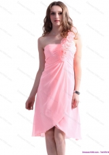 2015 Baby Pink One Shoulder Prom Dresses with Ruching and Hand Made Flowers