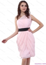 2015 Baby Pink One Shoulder Short Dama Dresses with Ruching