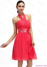 2015 Halter Top Prom Dresses with Ruching and Hand Made Flowers
