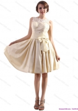 Elegant High Neck Prom Dresses with Ruching and Bowknot