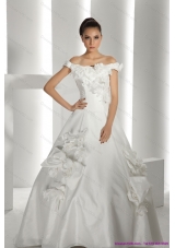 Perfect White Off Shoulder Bridal Dresses with Cathedral Train and Hand Made