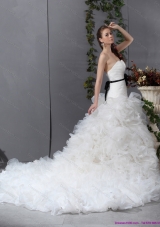 Cheap White Chapel Train Ruffled Wedding Dresses with Black Waistband