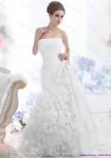 Cheap White Strapless Bridal Gowns with Ruffled Layers and Brush Train