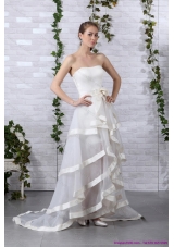Cheap White Strapless Wedding Dresses with Brush Train and Bowknot