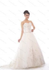 Cheap White Sweetheart Chapel Train Bridal Gowns with Beading and Appliques
