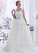 New Style Brush Train White Wedding Dresses with Lace and Beading