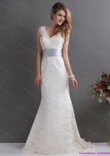 2015 Classical V Neck Lace and Sash Wedding Dress