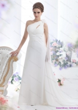 2015 Top Selling One Shoulder Wedding Dress with Ruching and Hand Made Flowers