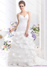 Top Selling Ruching White Wedding Dresses with Ruffled Layers and Brush Train