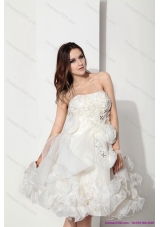 Top Selling White Strapless Ruffled Short Bridal Dresses with Hand Made Flower