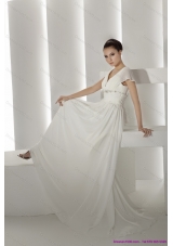 2015 Popular Brush Train White Wedding Dresses with Ruching and Beading