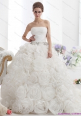 Popular 2015 White Strapless Wedding Dresses with Rolling Flowers and Chapel Train