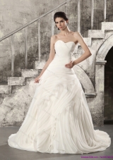 White Sweetheart Ruching Wedding Dresses with Brush Train for 2015