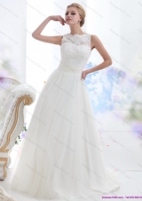 A-Line White High Neck Laced Wedding Dresses with Brush Train