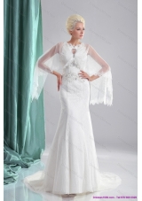 2015 Elegant Beading White Wedding Dresses with Brush Train