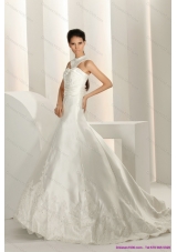 Elegant Beading White Wedding Dresses with Brush Train and Lace
