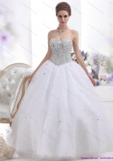 Elegant Sweetheart Floor Length White Wedding Dresses with Brush Train and Rhinestones