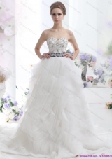 Elegant White Sweetheart Brush Train Wedding Dresses with Rhinestones and Sash