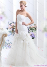 White BrushTrain Strapless Mermaid Wedding Dresses with Ruching and Hand Made Flowers