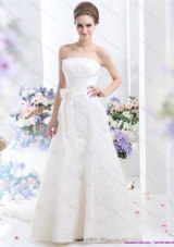 White Strapless Laced Wedding Dresses with Bownot and Brush Train