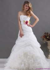 2015 A-Line Ruffles Strapless White Wedding Dresses with Hand Made Flower
