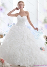 2015 A-Line Sweetheart Ruffles and Beading White Wedding Dresses with Brush Train