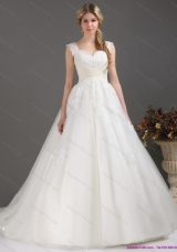 A-Line Sequines Lace Sweetheart White Wedding Dresses with Brush Train