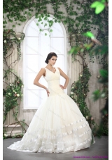 A-Line White Straps Ruffled Bridal Dresses with Brush Train