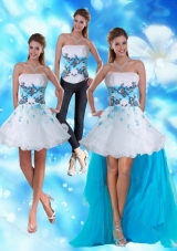 2015 Strapless White and Blue Detachable Prom Skirts with Appliques and Beading