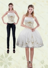2015 Strapless Knee Length White Detachable Prom Skirts with Appliques
