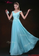 Low price Empire V Neck Prom Dresses with Belt and Lace