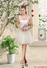 Feminine A Line Hand Made Flowers Bridesmaid Dresses in Champagne