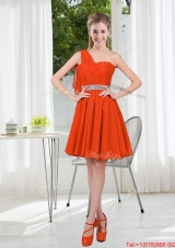 Rust Red One Shoulder Bridesmaid Dresses with Beading and Belt