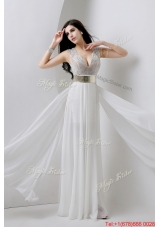 Classical Empire V Neck White Prom Dresses with Beading and Belt