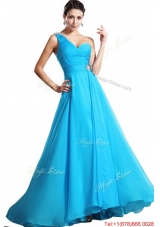 Elegant One Shoulder Aqua Blue Prom Dresses with Brush Train for 2016