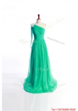 Affordable Appliques Green Long Prom Dress with Sweep Train for 2016