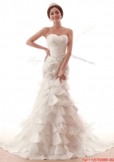 Pretty Gorgeous Beading and Ruffles White Wedding Dress with Brush Train