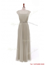 Simple Bateau Grey Long Prom Dresses with Beading and Sashes