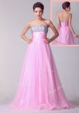 Beautiful  A Line Brush Train Rose Pink Prom Dresses with Beading for Spring