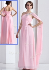 Elegant One Shoulder Baby Pink Prom Dress with Ruching and Beading