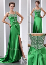 Sexy Column Beading and High Slit Prom Dresses with Court Train