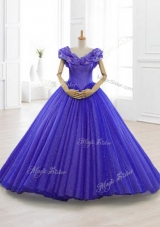Latest Appliques Cap Sleeves Sweet 15 Dresses in Purple