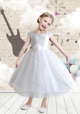 First Communion Cap Sleeves Bateau Flower Girl Dresses with Appliques