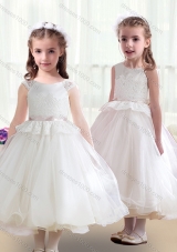 First Communion Tea Length White Flower Girl Dresses with Appliques