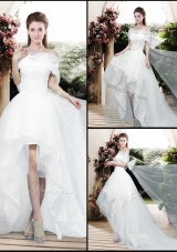2016 Pretty Appliques and Bowknot High Low Wedding Dresses with Cap Sleeves