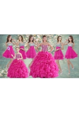 Pretty Hot Pink Beaded and Ruffled Quinceanera Dress and Short Sequined Dama Dresses and Strapless Mini Quinceanera Dress